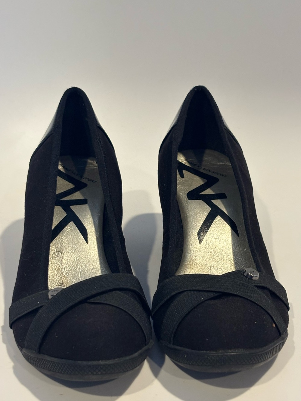 Anne Klein Black Closed-Toe Wedge Pumps with Crossover Strap